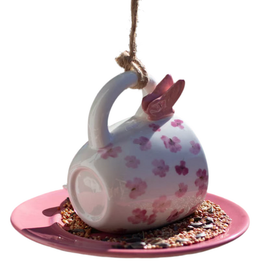 Ceramic Pink Tea Cup & Saucer Bird Feeder