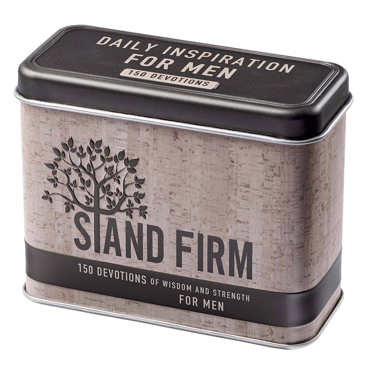 Tin box with 'Stand Firm' and 'Daily Inspiration for Men' text on a white background