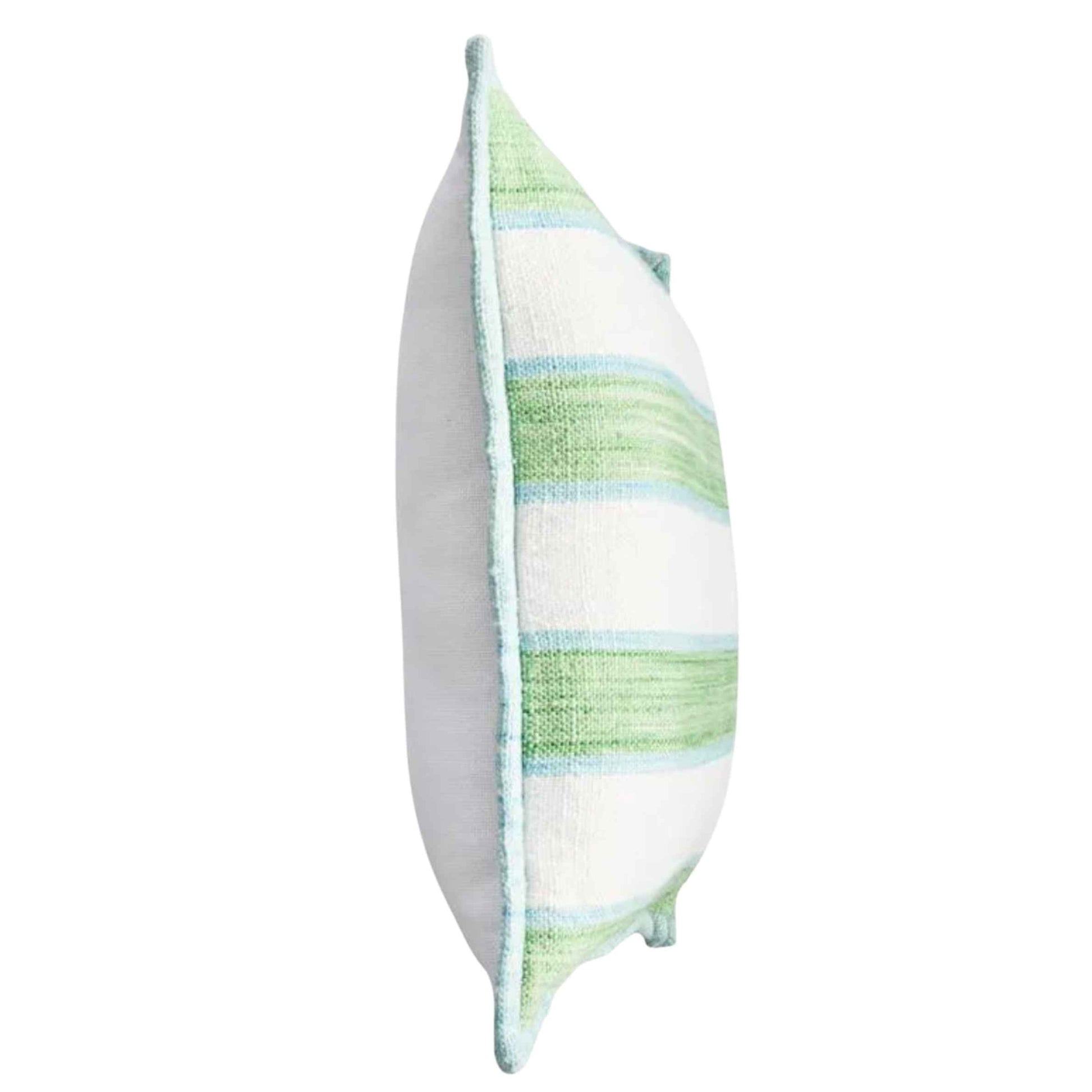 Decorative pillow with green and white stripes on a white background