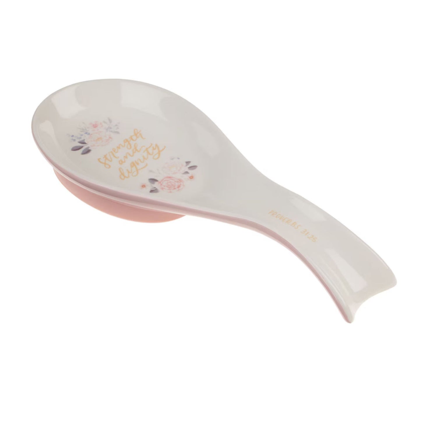 Decorative spoon rest with floral designs and text on a white background