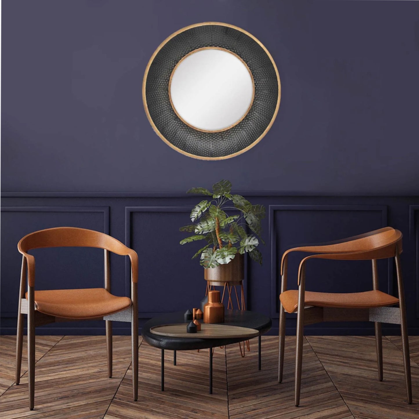 Round Faux Hammered Metal Framed Mirror