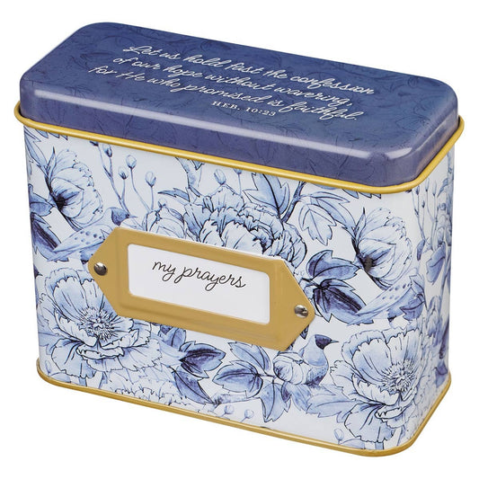 Floral tin box with 'my prayers' label and blue floral design