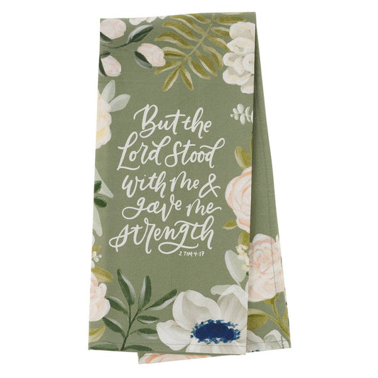 Floral towel with motivational quote on a green background