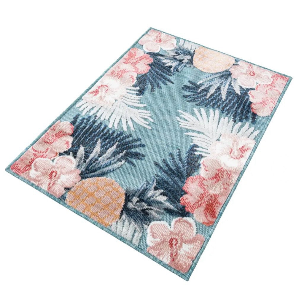 Blue Outdoor Botanical Rectangle Rug