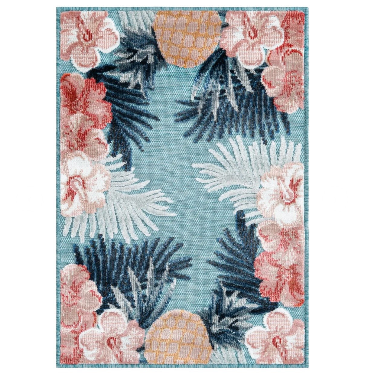 Blue Outdoor Botanical Rectangle Rug
