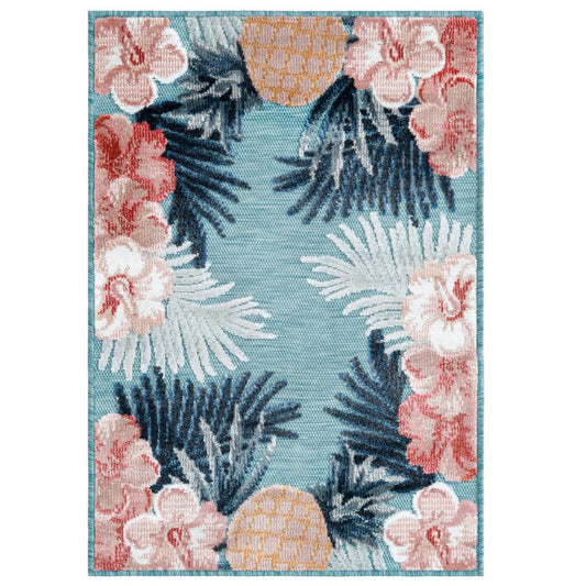 Blue Outdoor Botanical Rectangle Rug