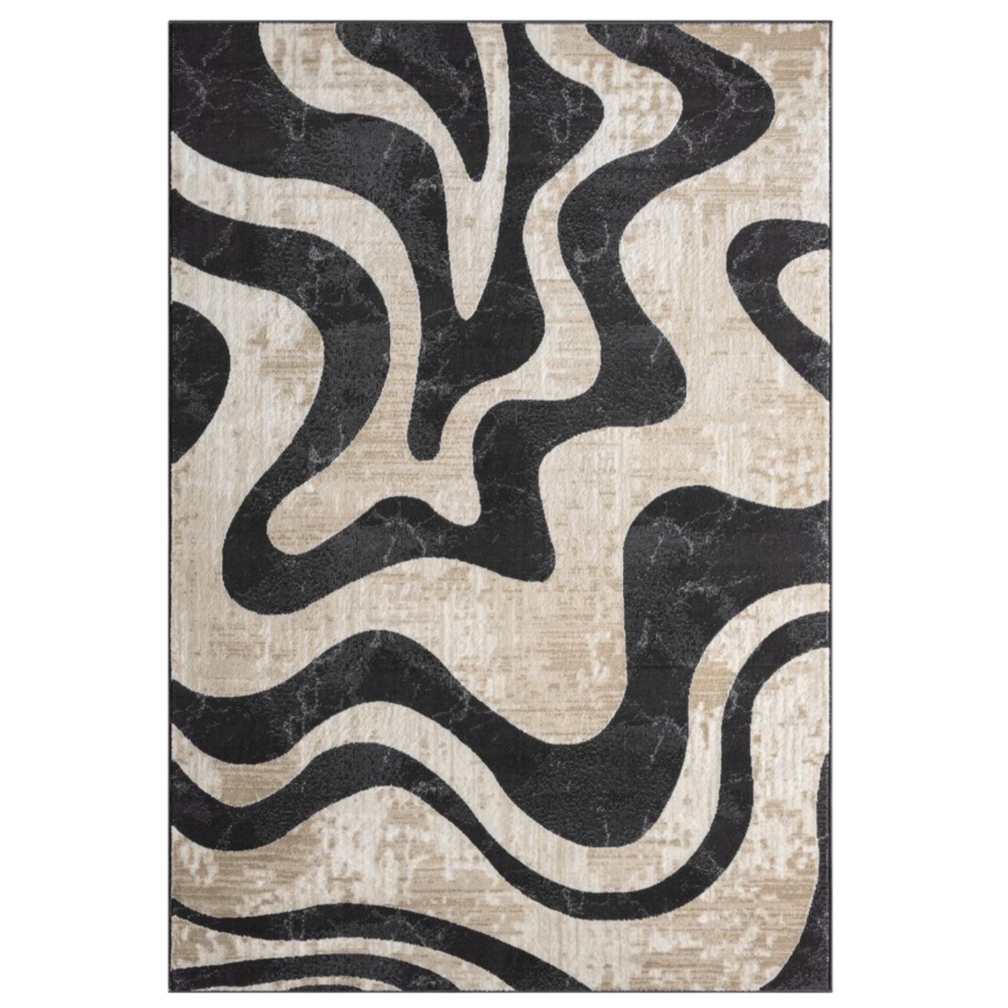 An area rug featuring an abstract, organic wavy pattern in black and beige with a distressed, textured finish.