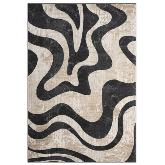 An area rug featuring an abstract, organic wavy pattern in black and beige with a distressed, textured finish.