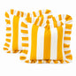 Two square throw pillows with a bold yellow and white vertical stripe pattern and ruffled edges, displayed on a white background.