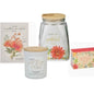 Set of three decorative items including a glass jar, candle, and small box with floral designs on a white background.