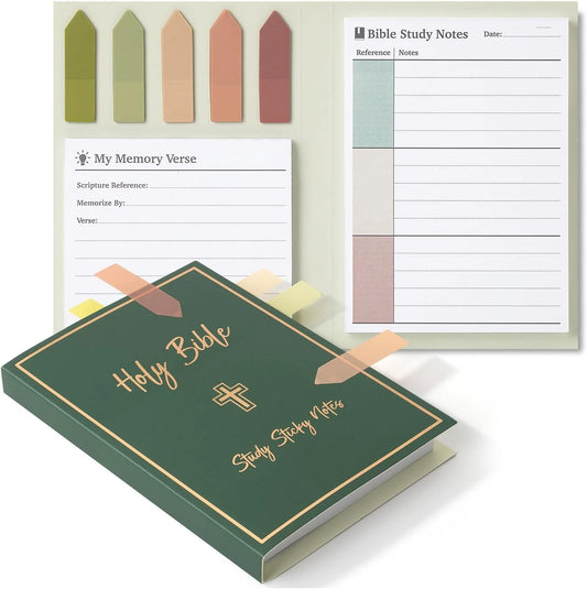 Green Bible study notebook with memory verse and reference pages on a white background