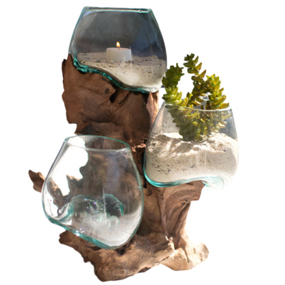 Three Blown Glass Bowls on a Driftwood Base