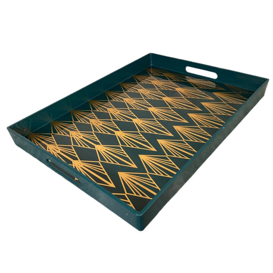 Decorative Contemporary Teal Gold Tray (19”x14”)