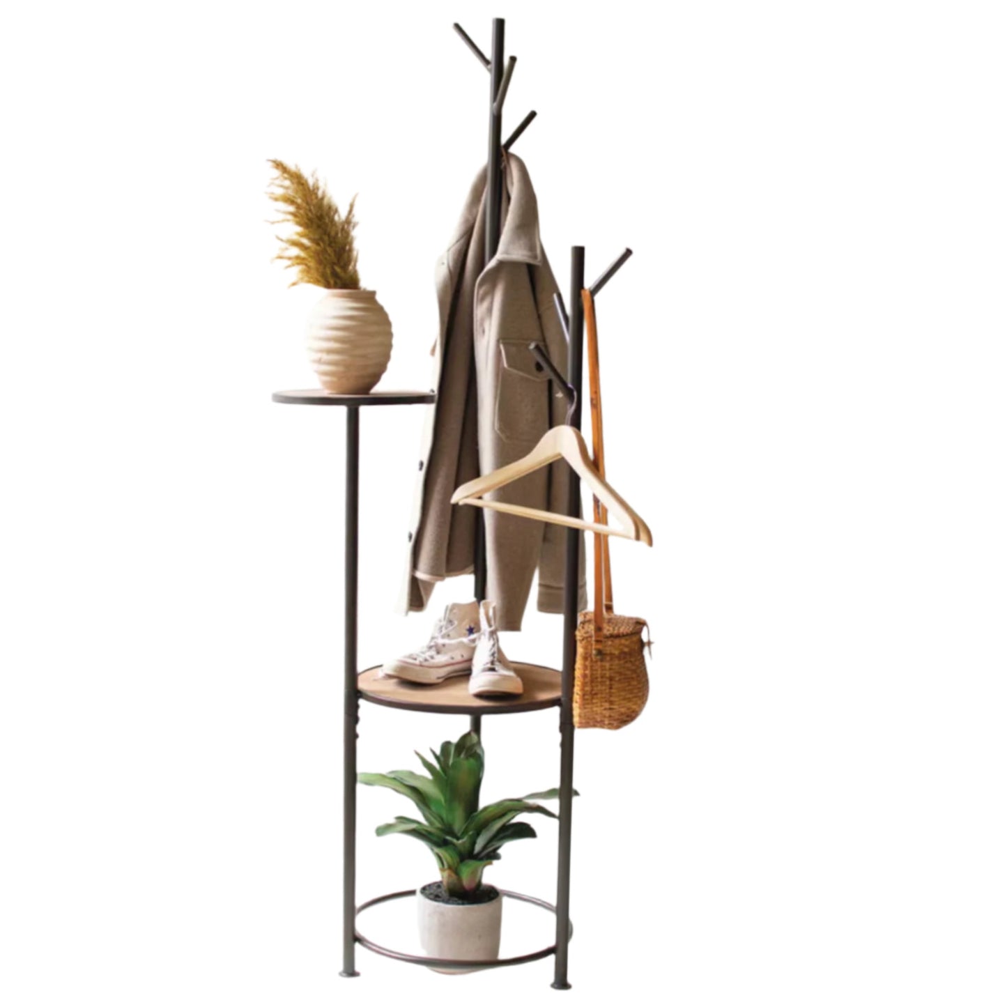 Metal and Wood Coat Rack with Round Shelves