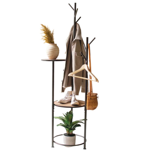 Metal and Wood Coat Rack with Round Shelves