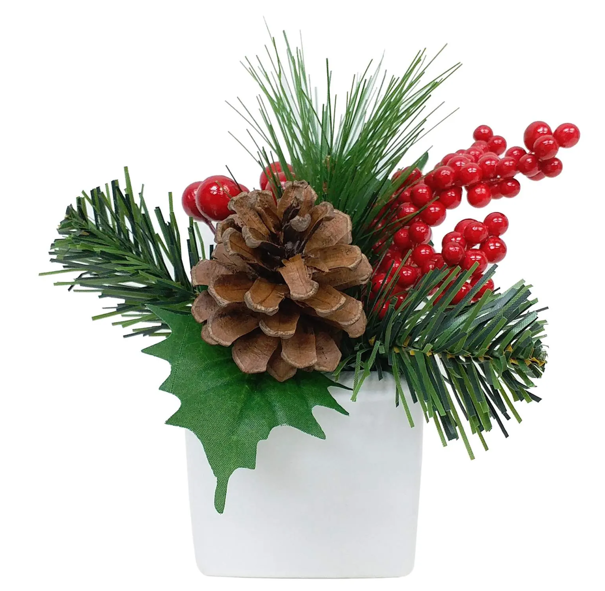 Decorative arrangement with pine cones, red berries, and greenery in a white pot on a white background