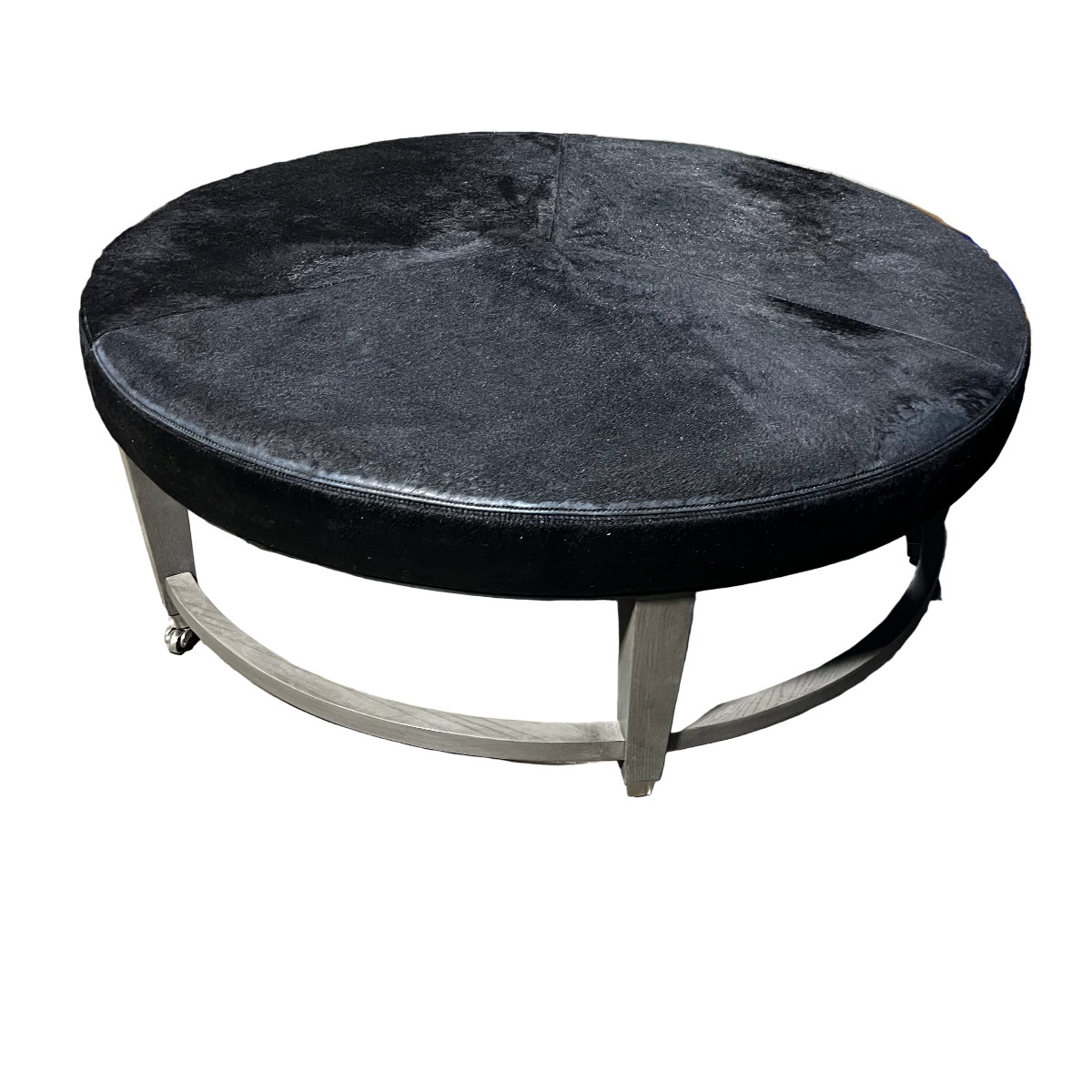 Round Black Hair-On-Hide Ottoman *OPEN BOX