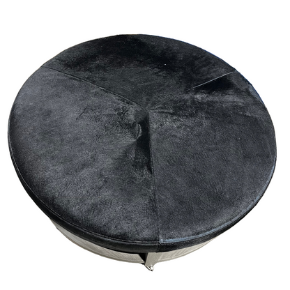 Round Black Hair-On-Hide Ottoman *OPEN BOX