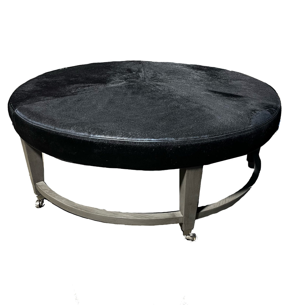 Round Black Hair-On-Hide Ottoman *OPEN BOX