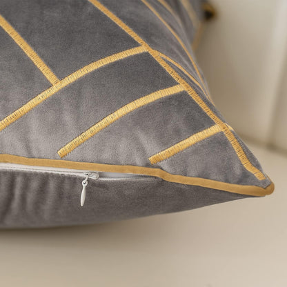 Grey Velvet Pillow W/Gold Accent Design-Set of 2