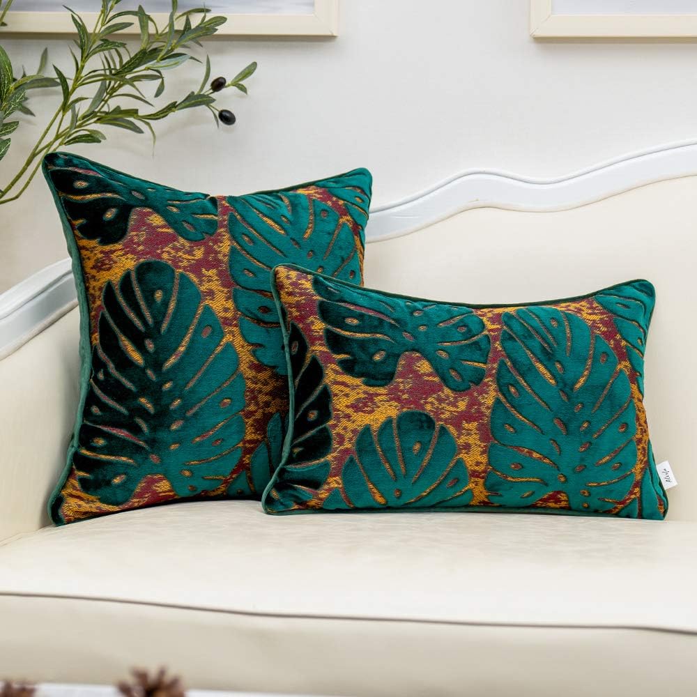 Rectangle Leaf Pillow Embroidery Cut Velvet