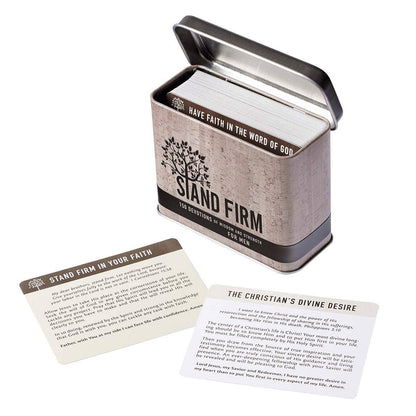 Tin box with 'Stand Firm' devotional cards on a white background