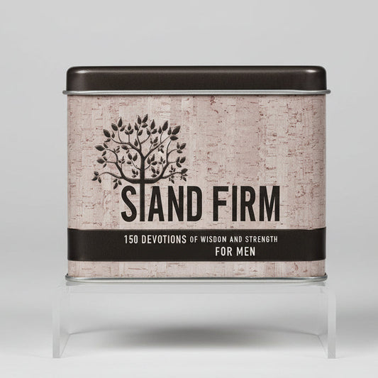 Tin container with 'Stand Firm' devotional book title on a white background