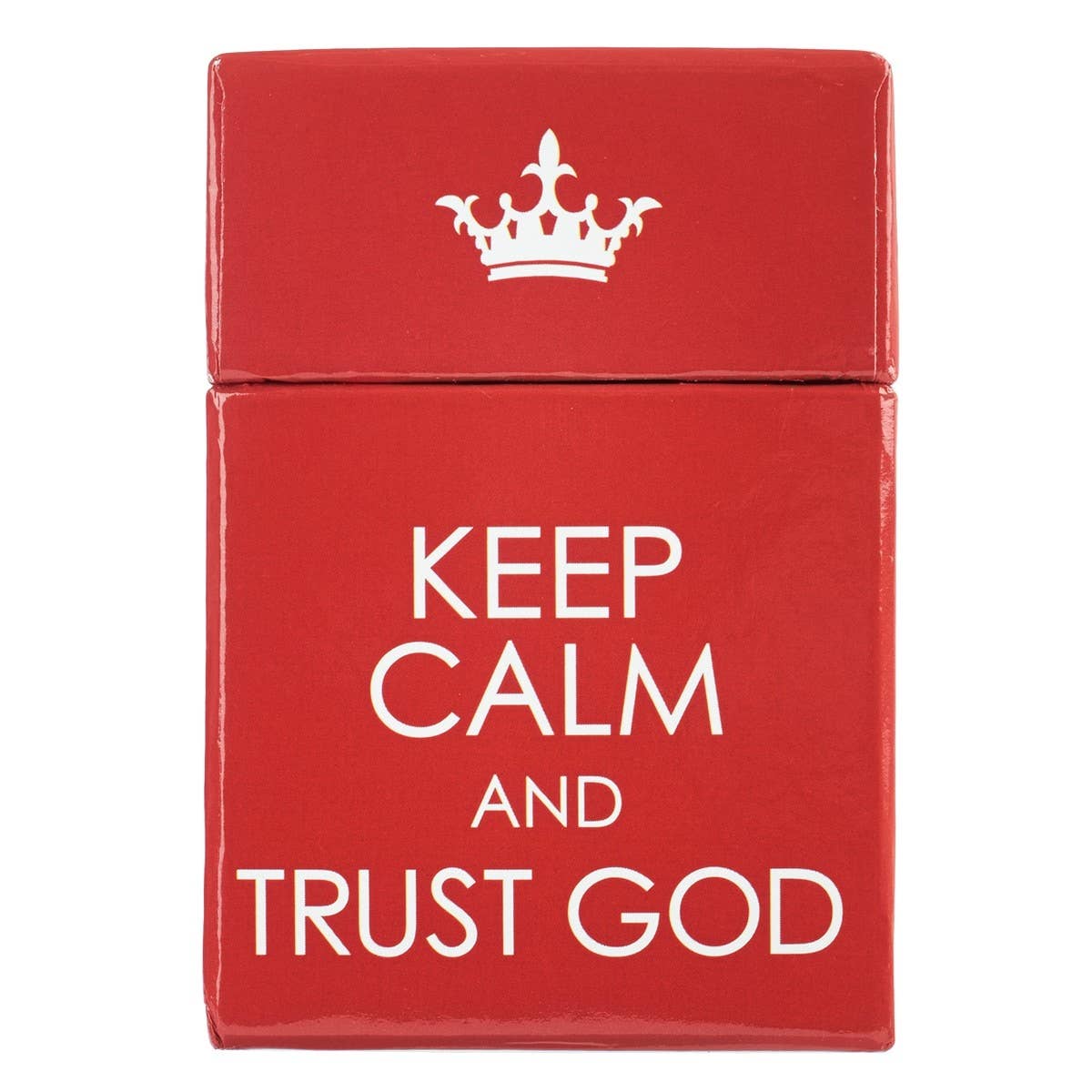 Red card holder with white text 'Keep Calm and Trust God' and a crown symbol on a white background