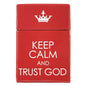 Red card holder with white text 'Keep Calm and Trust God' and a crown symbol on a white background