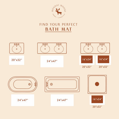 Measurement chart for finding the perfect bath mat size with 'Monday Moose' logo.