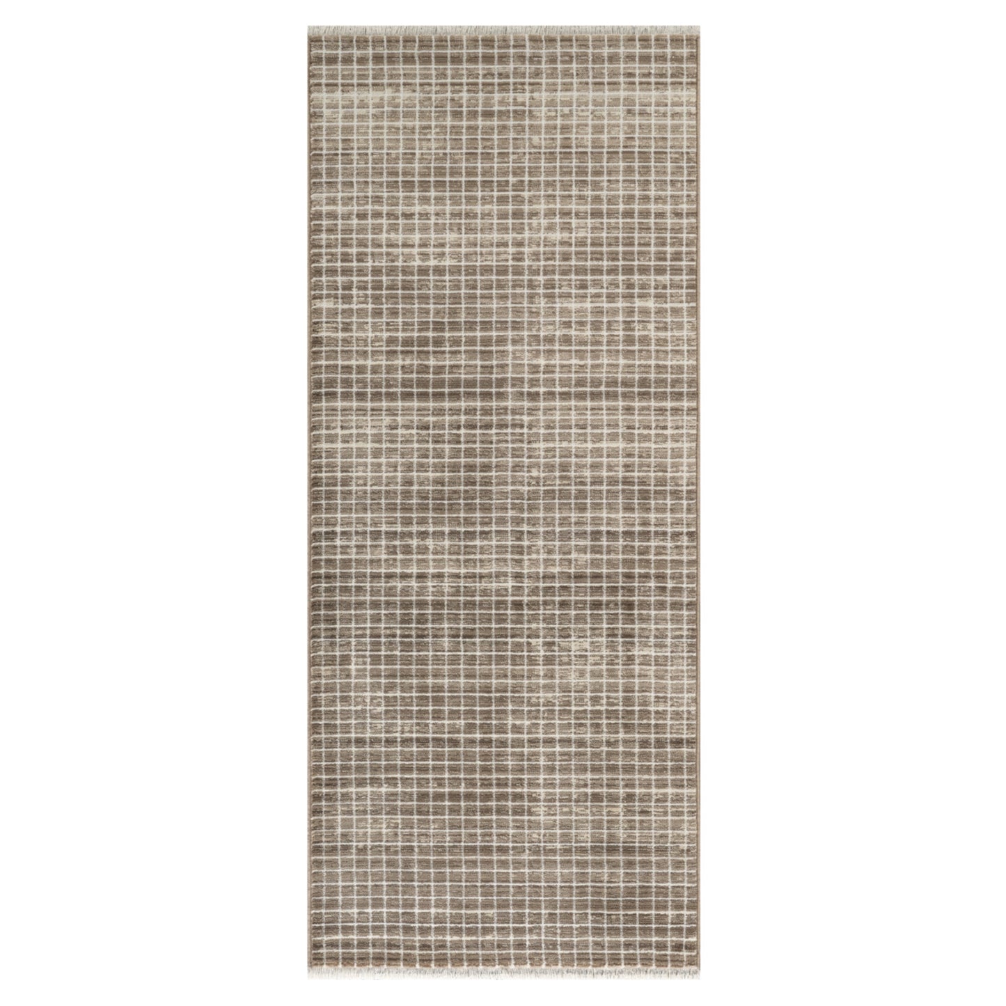 A rectangular area rug with a textured, distressed grid pattern in taupe and beige tones, shown flat against a white background.