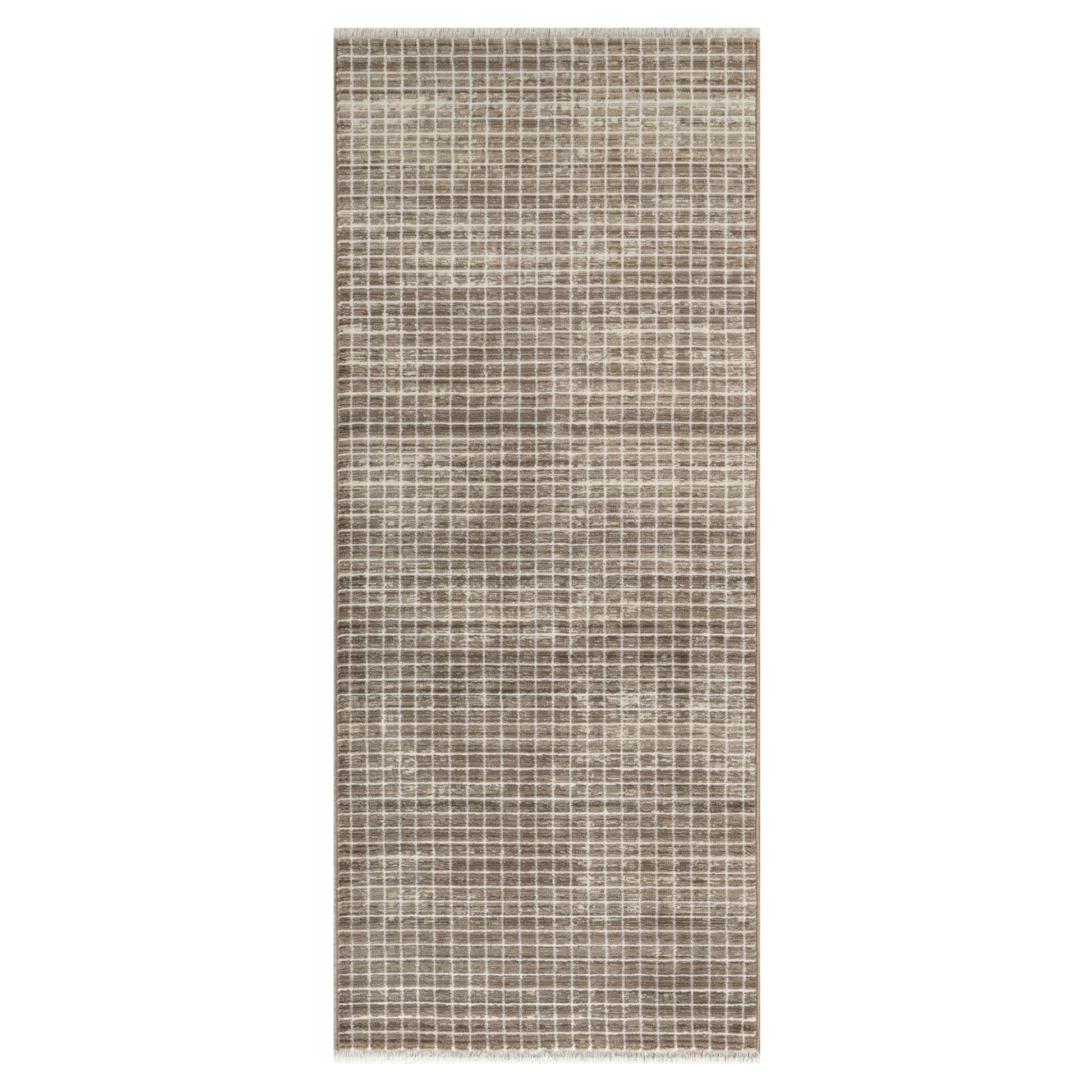 A rectangular area rug with a textured, distressed grid pattern in taupe and beige tones, shown flat against a white background.