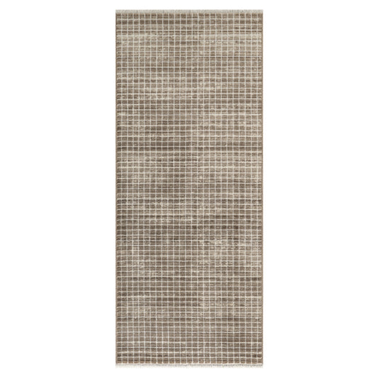 A rectangular area rug with a textured, distressed grid pattern in taupe and beige tones, shown flat against a white background.