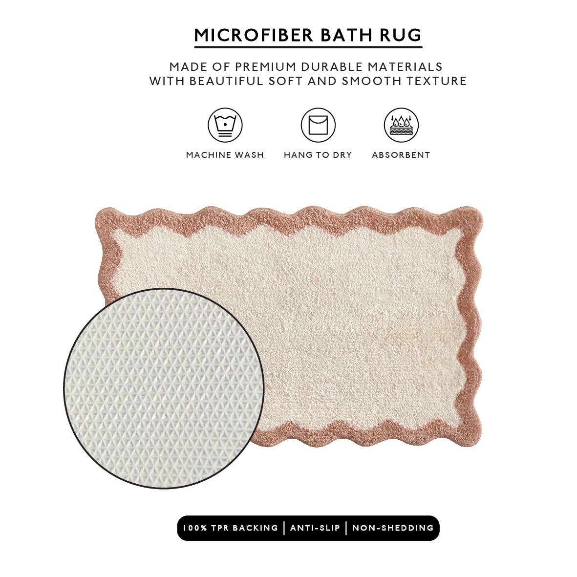 Microfiber bath rug with texture detail and features on a white background