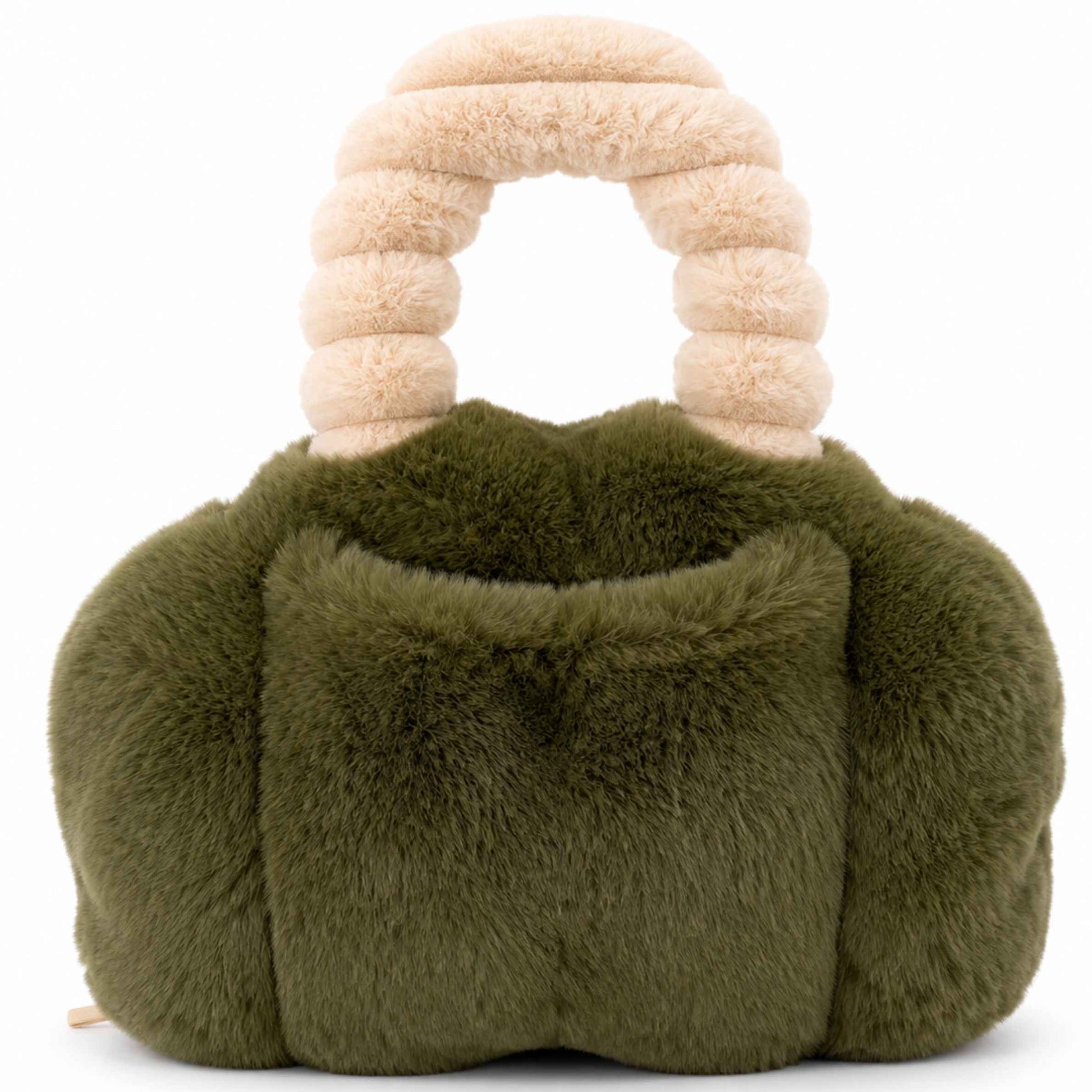 A plush, faux fur Pur-low in moss green faux fur with a thick, ribbed cream-colored top handle, shown against a plain white background.