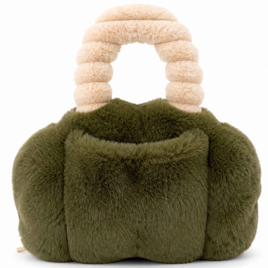 A plush, faux fur Pur-low in moss green faux fur with a thick, ribbed cream-colored top handle, shown against a plain white background.