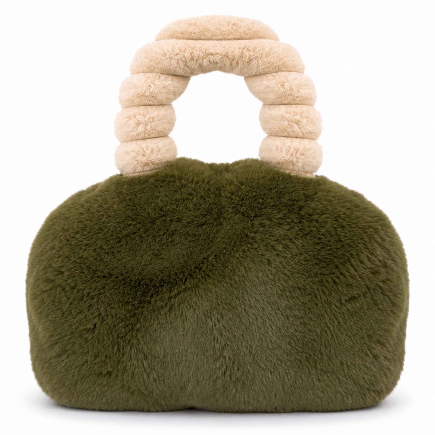 A plush Pur-low in moss green faux fur with a thick, arched handle in a light beige color, shown against a plain white background.