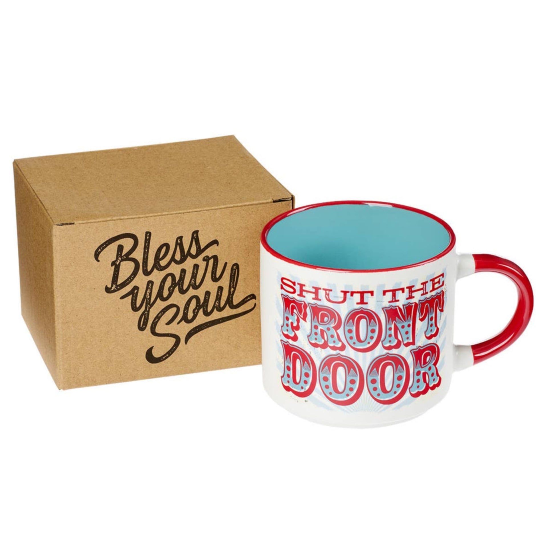 Mug with 'Shut the Front Door' text and a cardboard box with 'Bless Your Soul' text on a white background