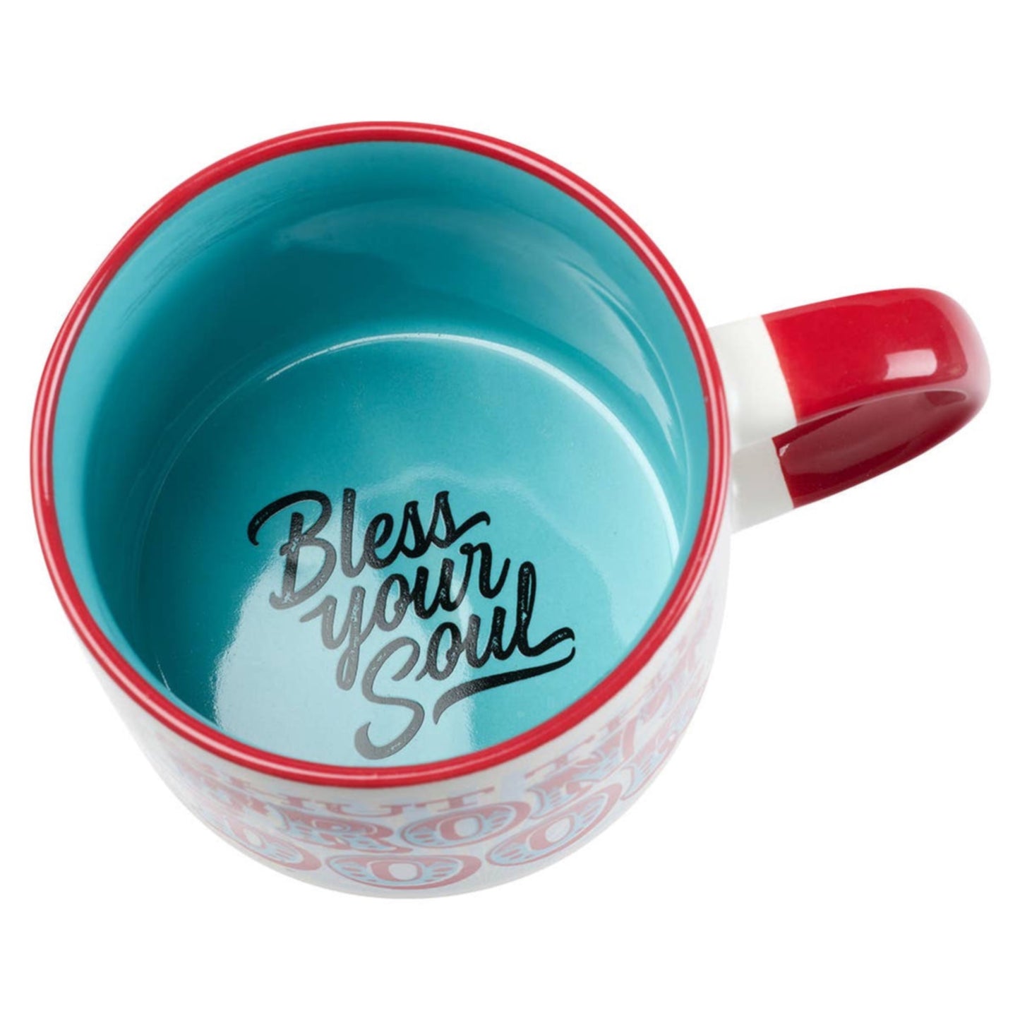 Mug with red handle and blue interior, featuring 'Bless your Soul' text.
