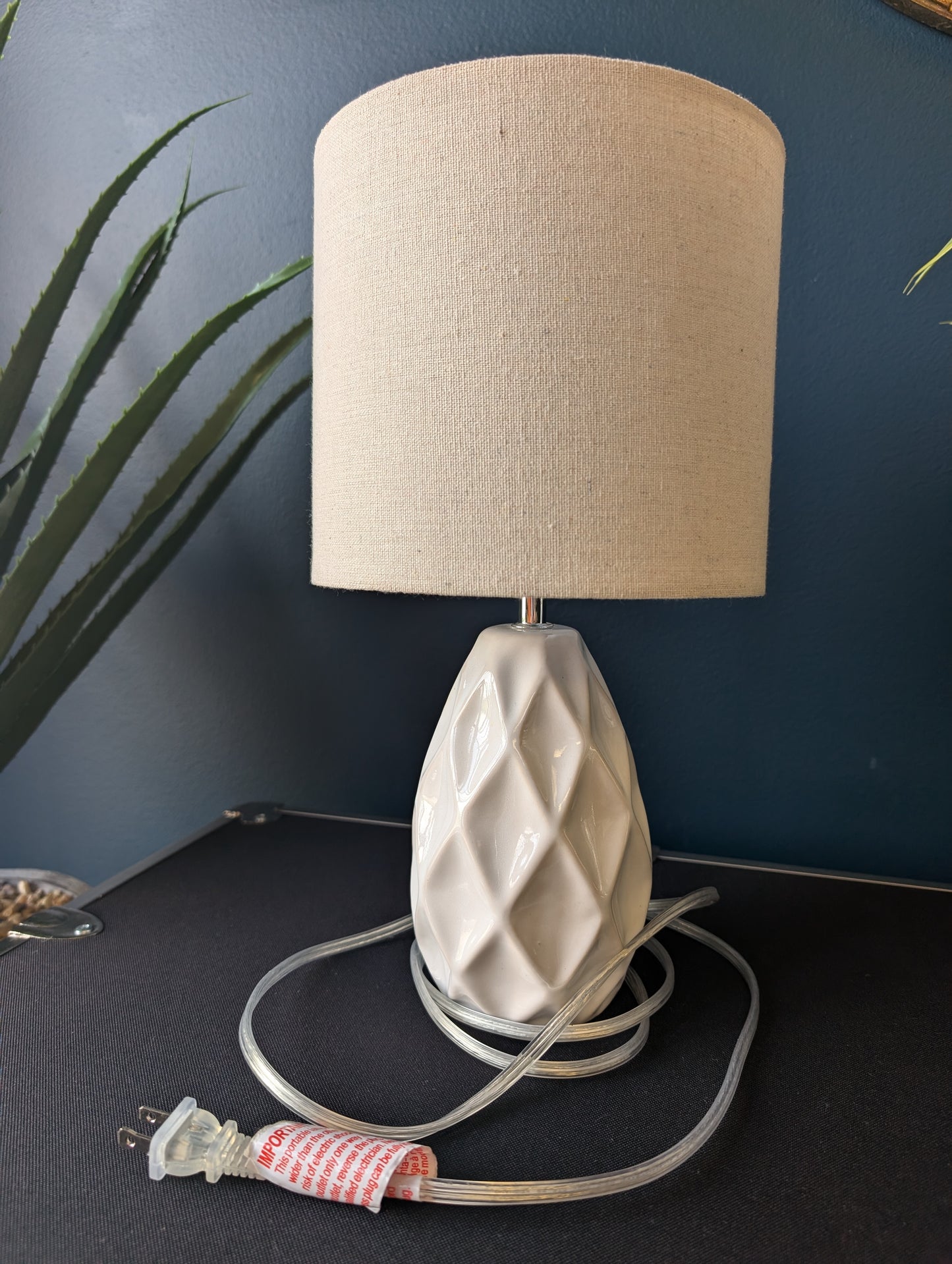 Small Textured White Lamp and Beige Shade