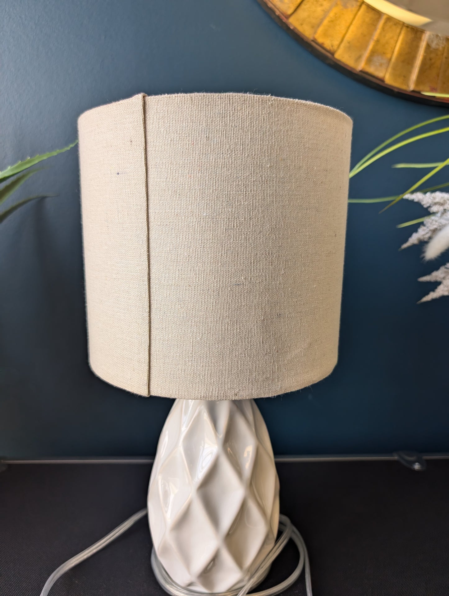 Small Textured White Lamp and Beige Shade