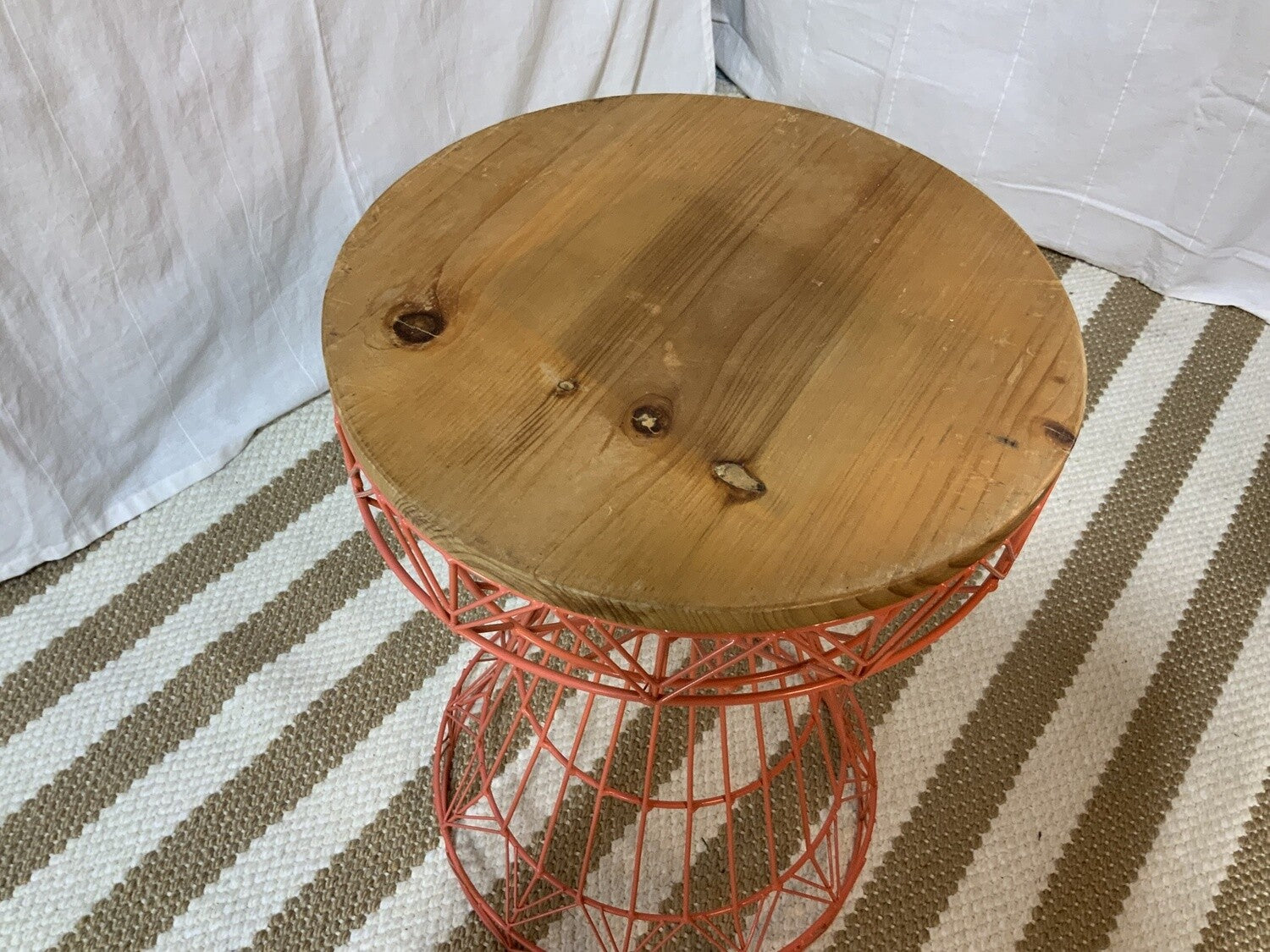 Painted wire frame table with wood top