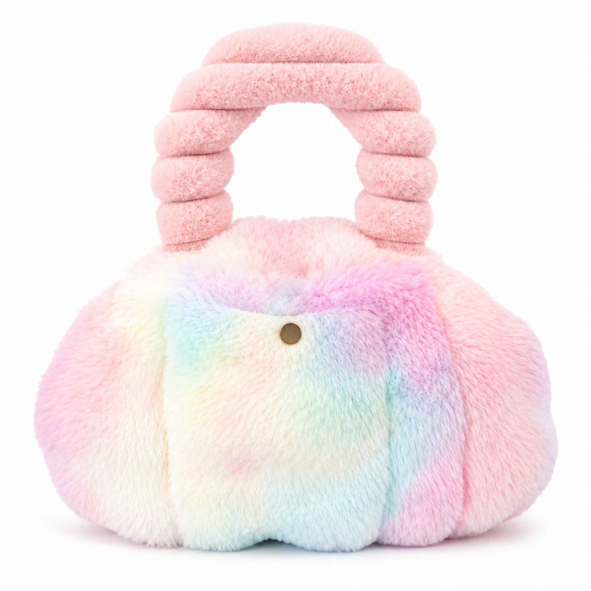 A fluffy rainbow Pur-Low with a rounded body, a small gold-tone front button, and a thick ribbed top handle. The bag has a soft tie-dye look blending pink, blue, yellow, and white, photographed on a clean white background.