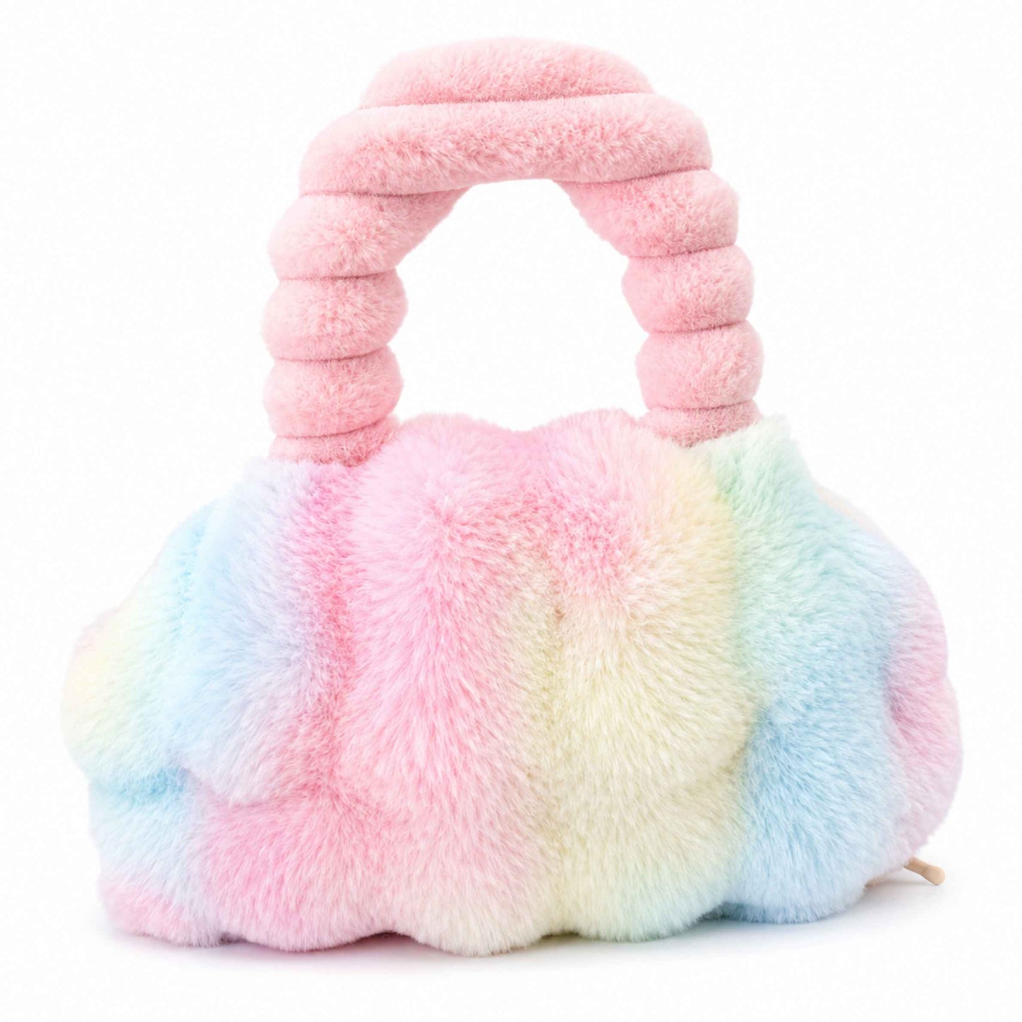A fluffy faux-fur Pur-Low in pastel rainbow colors with a rounded body and a thick, ribbed pink handle, shown on a plain white background.