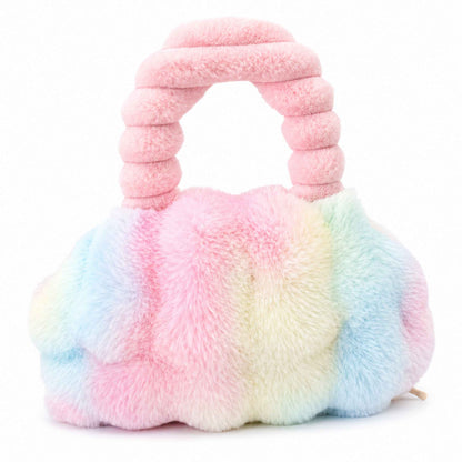 A fluffy faux-fur Pur-Low in pastel rainbow colors with a rounded body and a thick, ribbed pink handle, shown on a plain white background.