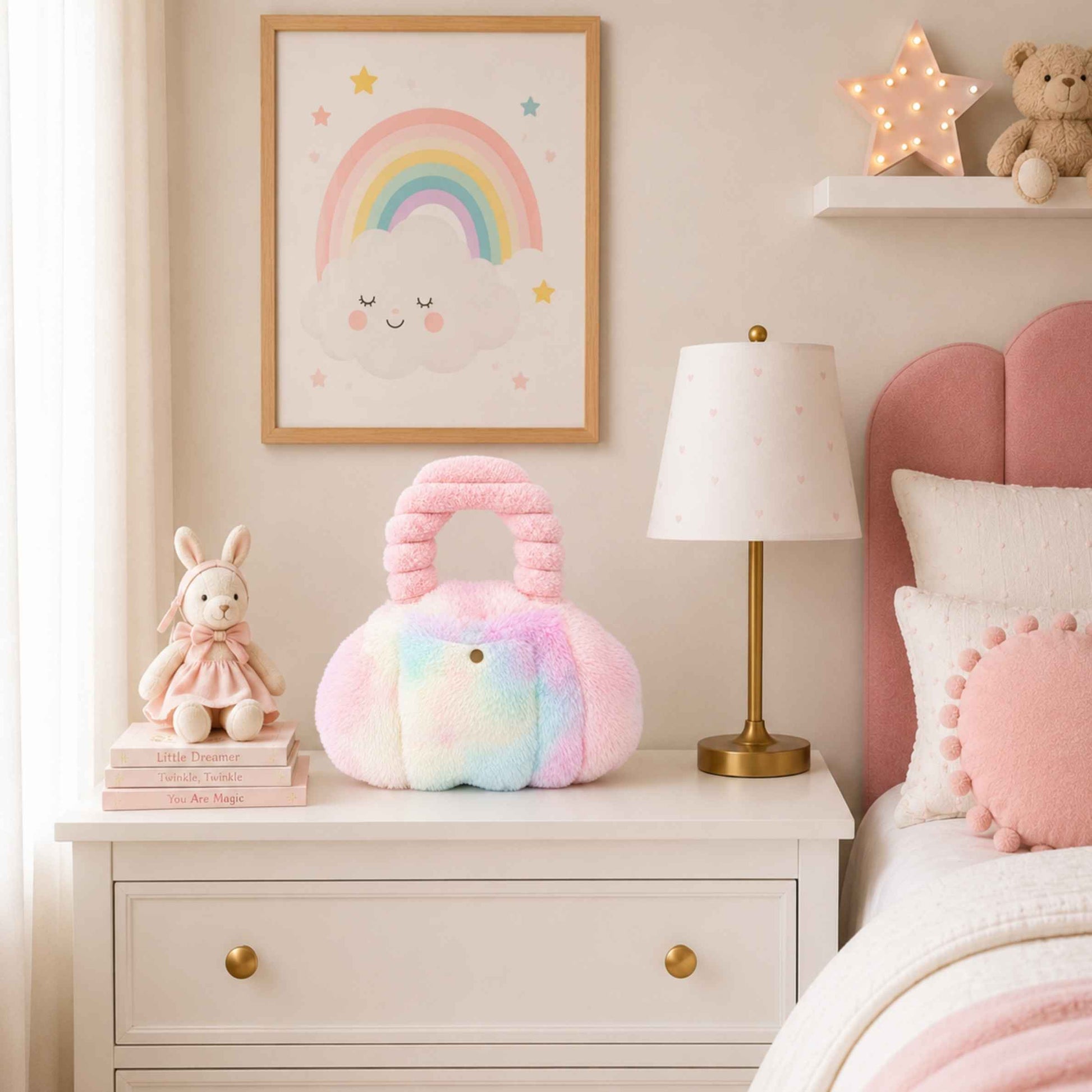A rainbow plush Pur-Low sits on a white bedside table in a cozy children's bedroom. The room features a pink bed, a gold lamp, a framed rainbow print, and a stuffed bunny on books.