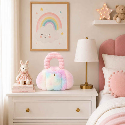 A rainbow plush Pur-Low sits on a white bedside table in a cozy children's bedroom. The room features a pink bed, a gold lamp, a framed rainbow print, and a stuffed bunny on books.