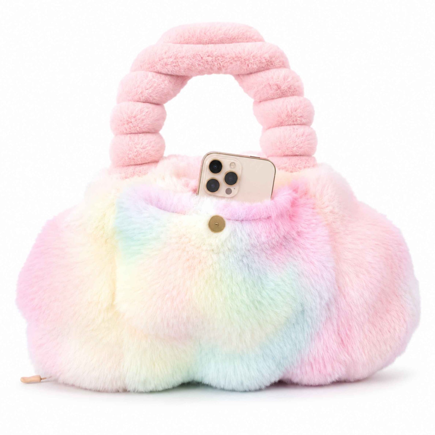 A fluffy pastel rainbow Pur-Low with a rounded body, a thick ribbed pink handle, and a small gold clasp, shown on a clean white background with a phone tucked inside the front pocket.