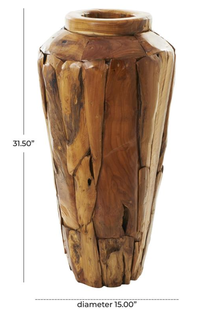 Brown Teak Wood Handmade Tall Floor Vase