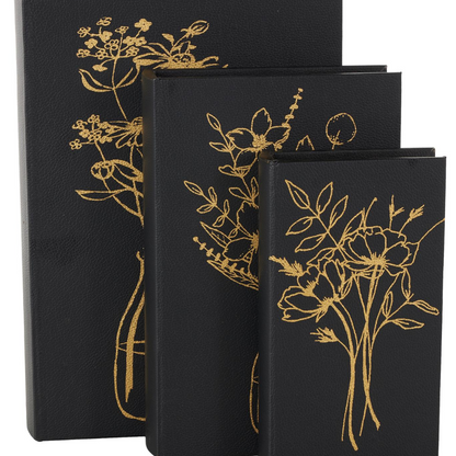 Black Faux Leather Floral Faux Book Decorative Box, Set of 3